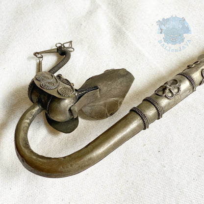 Antique Chinese Paktong Smoking Pipe with Filigree Peacock Design and Wooden Storage Box