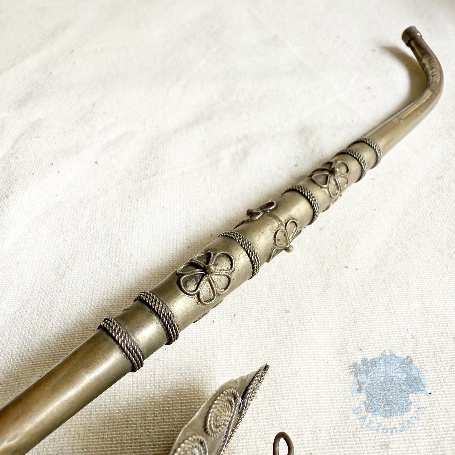 Antique Chinese Paktong Smoking Pipe with Filigree Peacock Design and Wooden Storage Box
