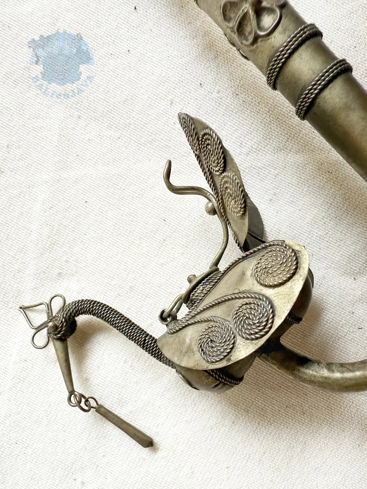 Antique Chinese Paktong Smoking Pipe with Filigree Peacock Design and Wooden Storage Box