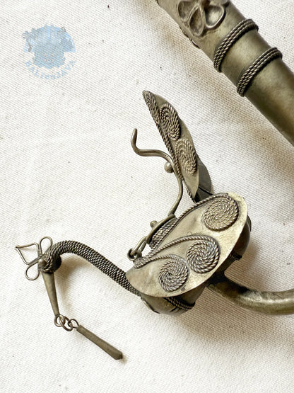 Antique Chinese Paktong Smoking Pipe with Filigree Peacock Design and Wooden Storage Box