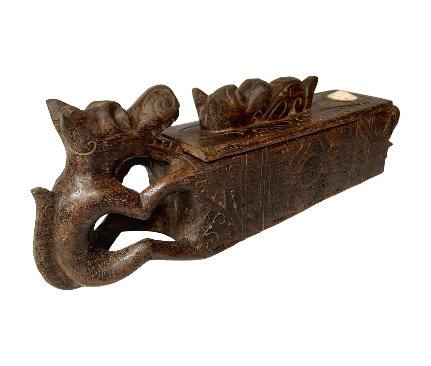 Dayak tribe wooden box with dragon carving and sliding lid. 