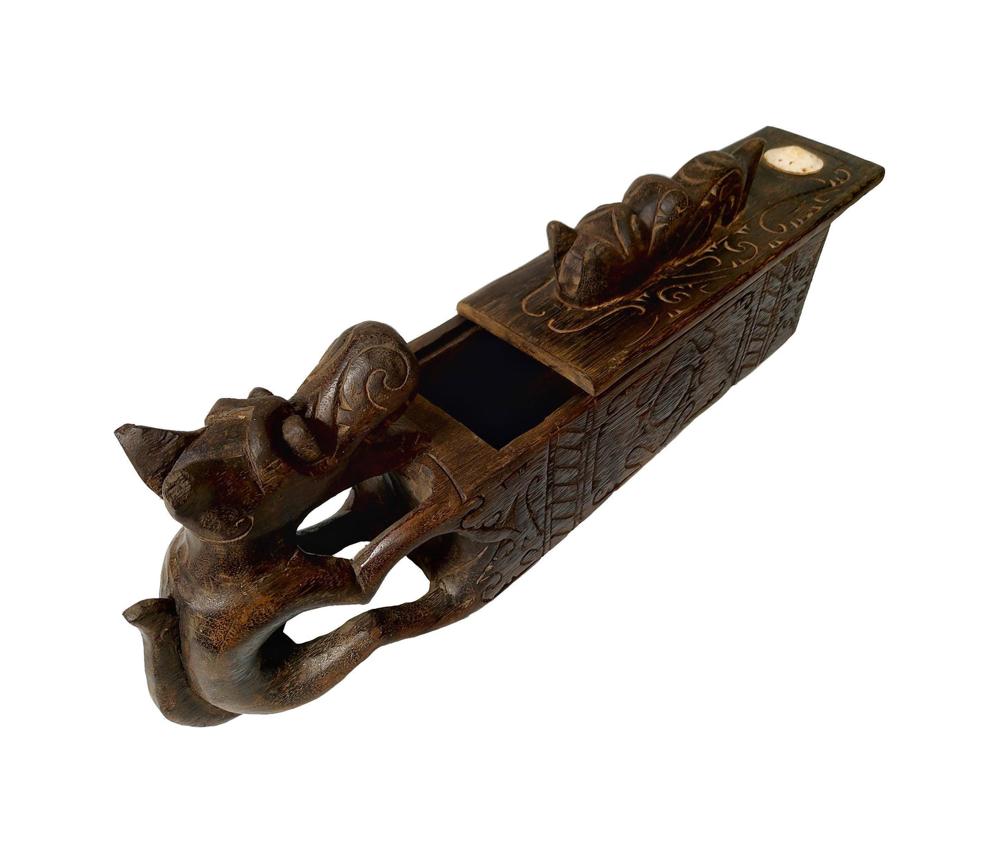 Borneo tribe hand-carved wooden box with dragon carving and sliding lid. 