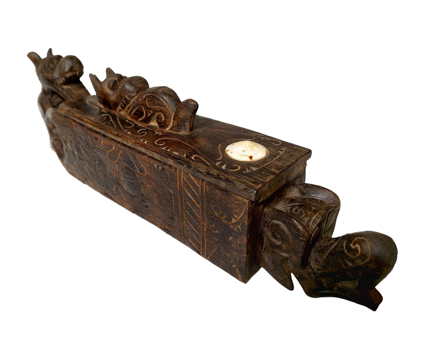 Dayak tribe wooden box with dragon carving and sliding lid. 