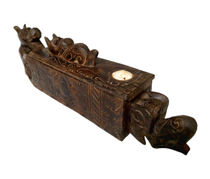 Dayak tribe wooden box with dragon carving and sliding lid. 
