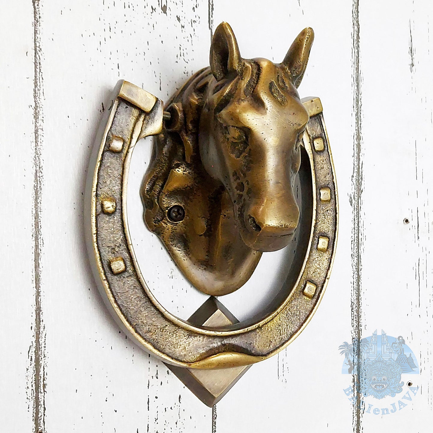 Solid Brass Door Knocker Horse Head with Horseshoe – Rustic Charm – Equestrian Outdoor Decor – Western Farmhouse Style Decor