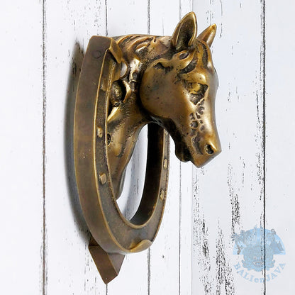 Solid Brass Door Knocker Horse Head with Horseshoe – Rustic Charm – Equestrian Outdoor Decor – Western Farmhouse Style Decor