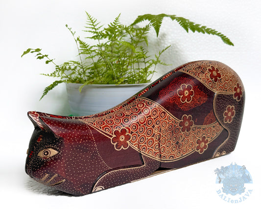 Cat Wooden Mancala Board Game New Design – Handmade Batik Pattern – Classic Strategy Game for Family Fun & Math Skills – Unique Home Decor & Gift Idea – Congkak, Oware, Kalaha