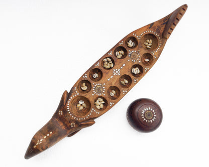 Traditional Handmade Wooden Mancala Board Game with Shell Inlay from Lombok Island - Strategy Game - Vintage Item - Asian Decor - Home Decor - Statement Pieces - Living Room Decor - Folk Art - Unique Gift Idea