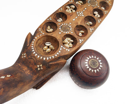 Traditional Handmade Wooden Mancala Board Game with Shell Inlay from Lombok Island - Strategy Game - Vintage Item - Asian Decor - Home Decor - Statement Pieces - Living Room Decor - Folk Art - Unique Gift Idea