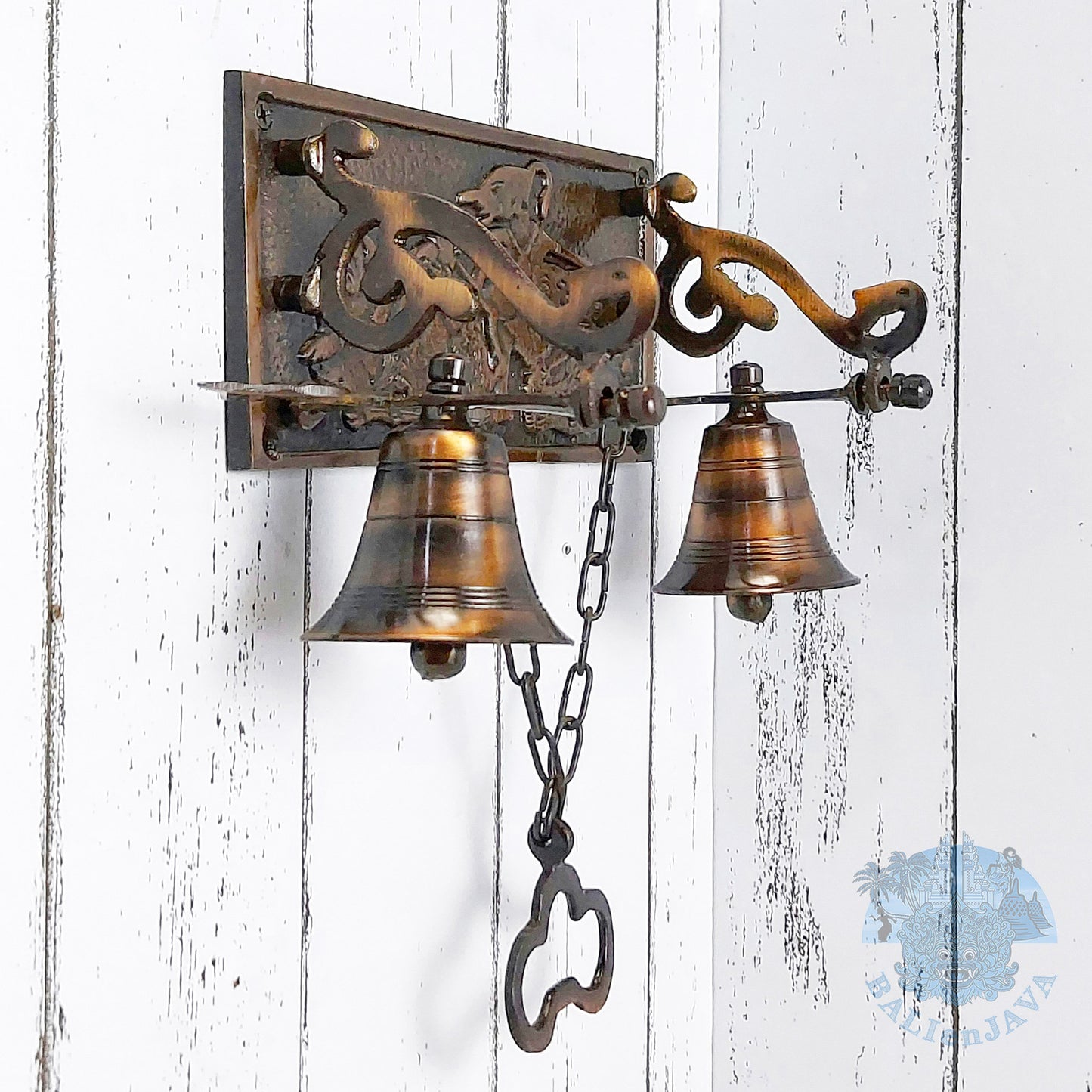 Brass Door Bell with Javanese Folklore Carving – Wall Mounted Home Doorbell – Door Chime – Door Furniture – Shopkeeper Bell