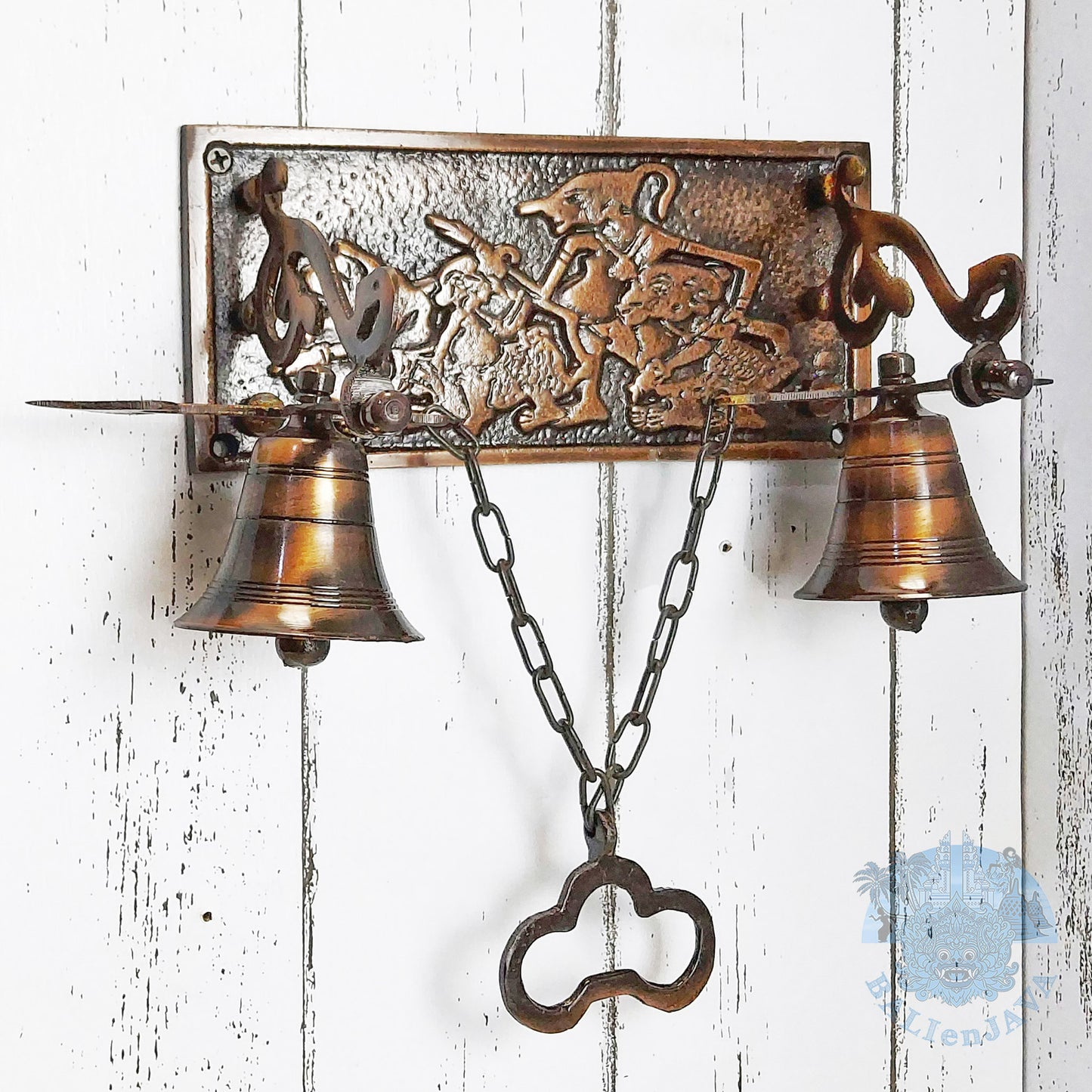 Brass Door Bell with Javanese Folklore Carving – Wall Mounted Home Doorbell – Door Chime – Door Furniture – Shopkeeper Bell