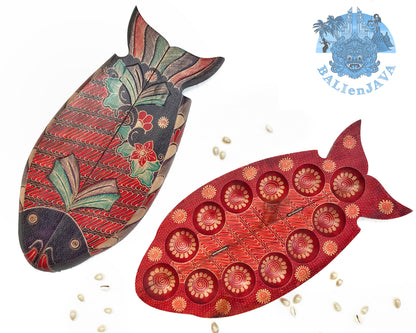 Foldable Wooden Mancala Board Game – Fish Design with Batik Pattern – Classic 2-Player Strategy Game for Family Fun & Math Skills – Unique Home Decor & Gift