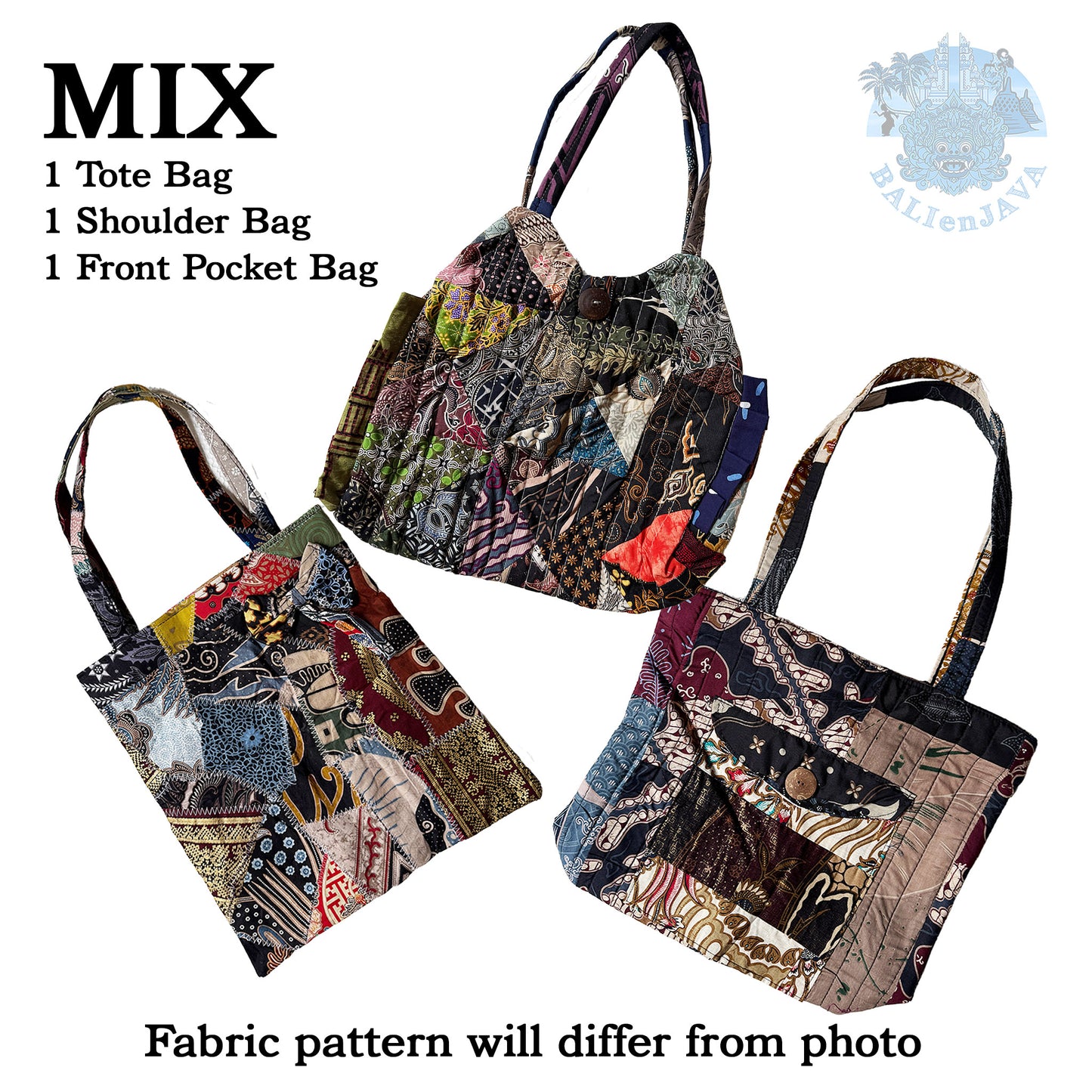 Three patterned bags including a tote, shoulder, and front pocket bag on a white background.
