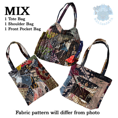 Three patterned bags including a tote, shoulder, and front pocket bag on a white background.