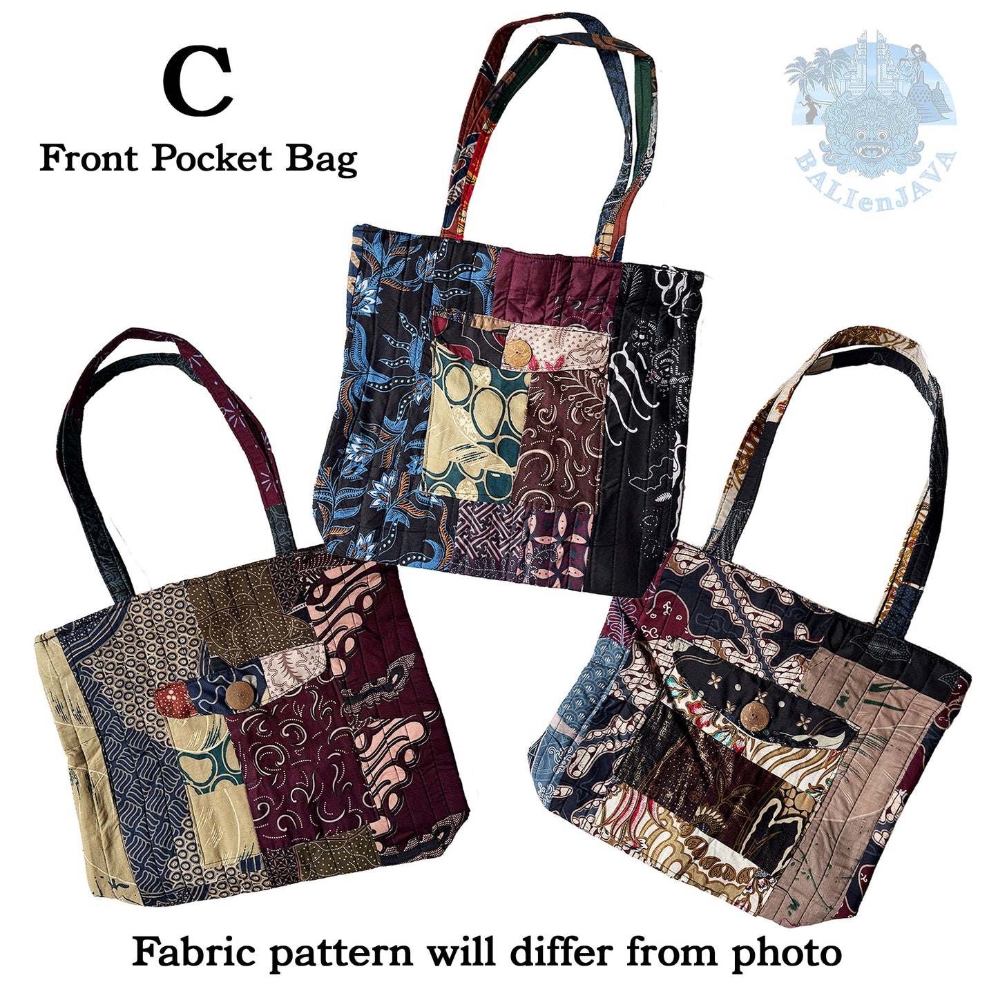 Three front pocket bags with patchwork patterns on a white background, featuring the brand 'BalienJava'.
