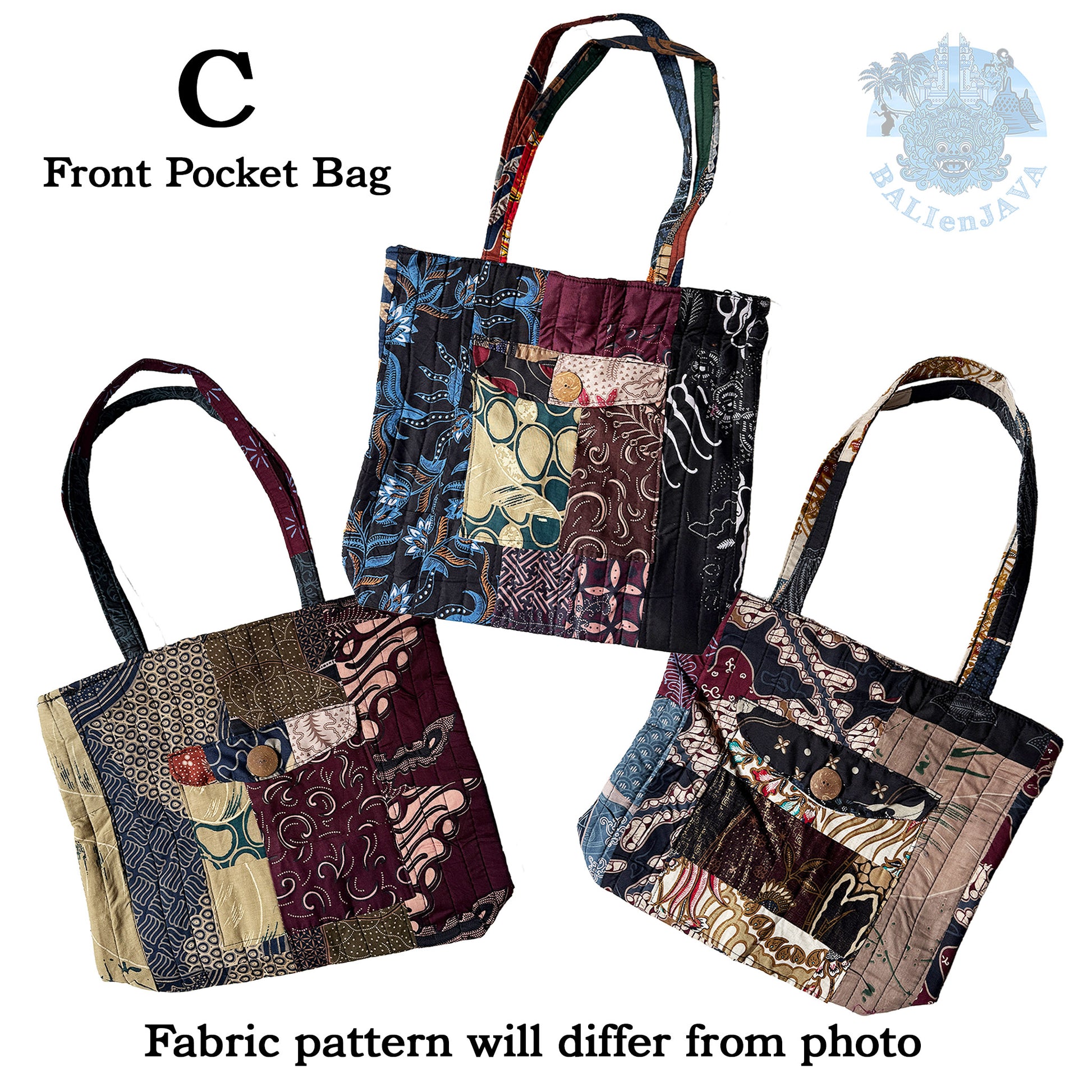 Three front pocket bags with patchwork patterns on a white background, featuring the brand 'BalienJava'.