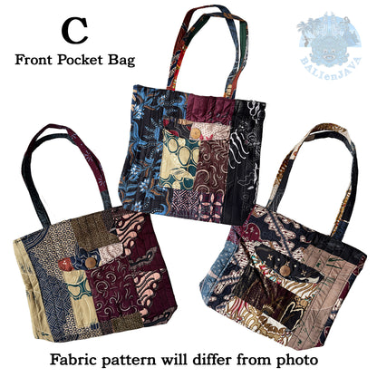 Three front pocket bags with patchwork patterns on a white background, featuring the brand 'BalienJava'.