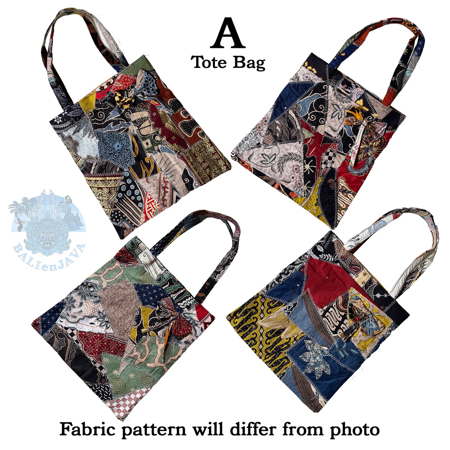 Four tote bags with colorful fabric patchwork patterns on a white background, featuring the brand 'BalienJava'.