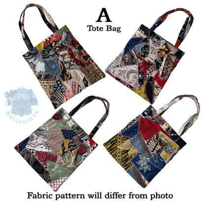 Four tote bags with colorful fabric patchwork patterns on a white background, featuring the brand 'BalienJava'.