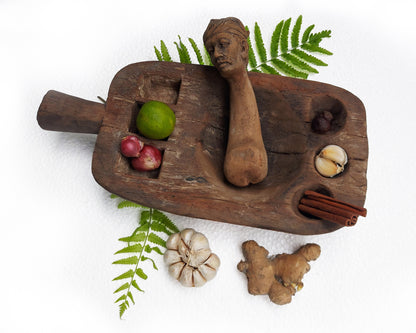 Vintage Hand-Carved Wooden Mortar and Pestle – Southeast Asian Spice Grinder & Herb Mixer – Kitchen Tool – Traditional Cooking Utensils – Rustic Home & Kitchen Decor