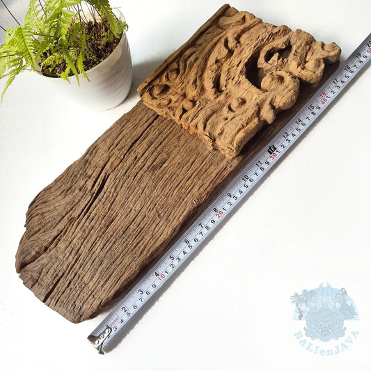 A rustic rectangular wooden board with a carved top part and an aged natural wood texture on the bottom part, shown on a white background with a metal tape measure and a small potted plant. 