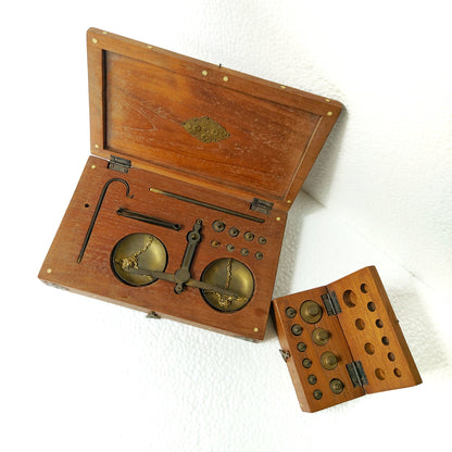 Complete balance scale sets with wooden box and weight. 