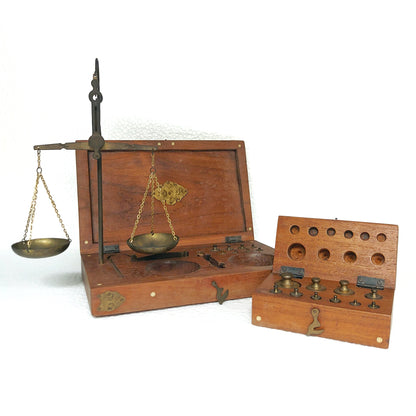 Vintage Balance Scales and Brass Weight Wooden Box with Oriental Brass Accents Circa 1940s