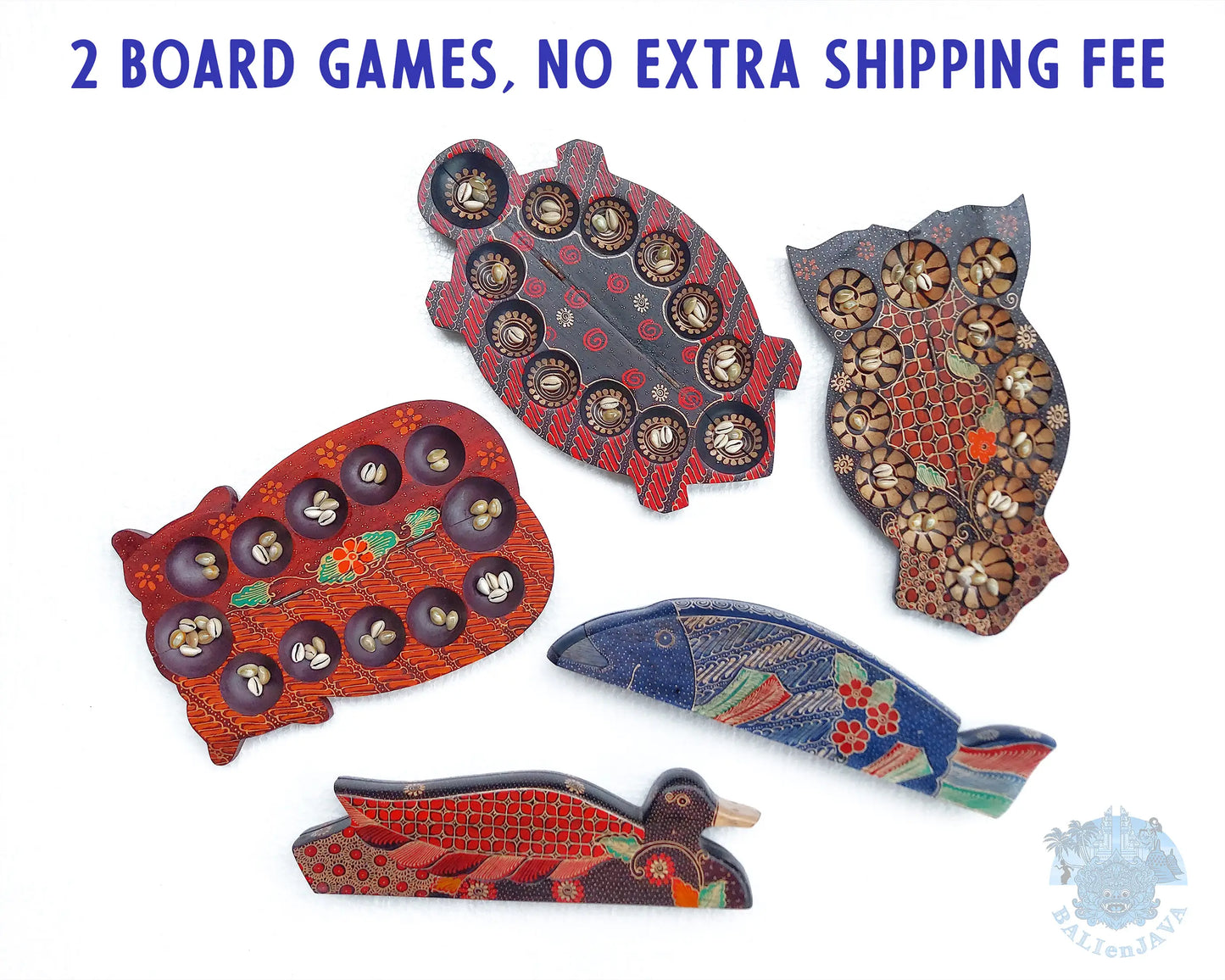 Five handcrafted wooden mancala board games shaped like a cat, owl, fish, duck, and turtle game board, displayed on a white background with promotional text at the top.