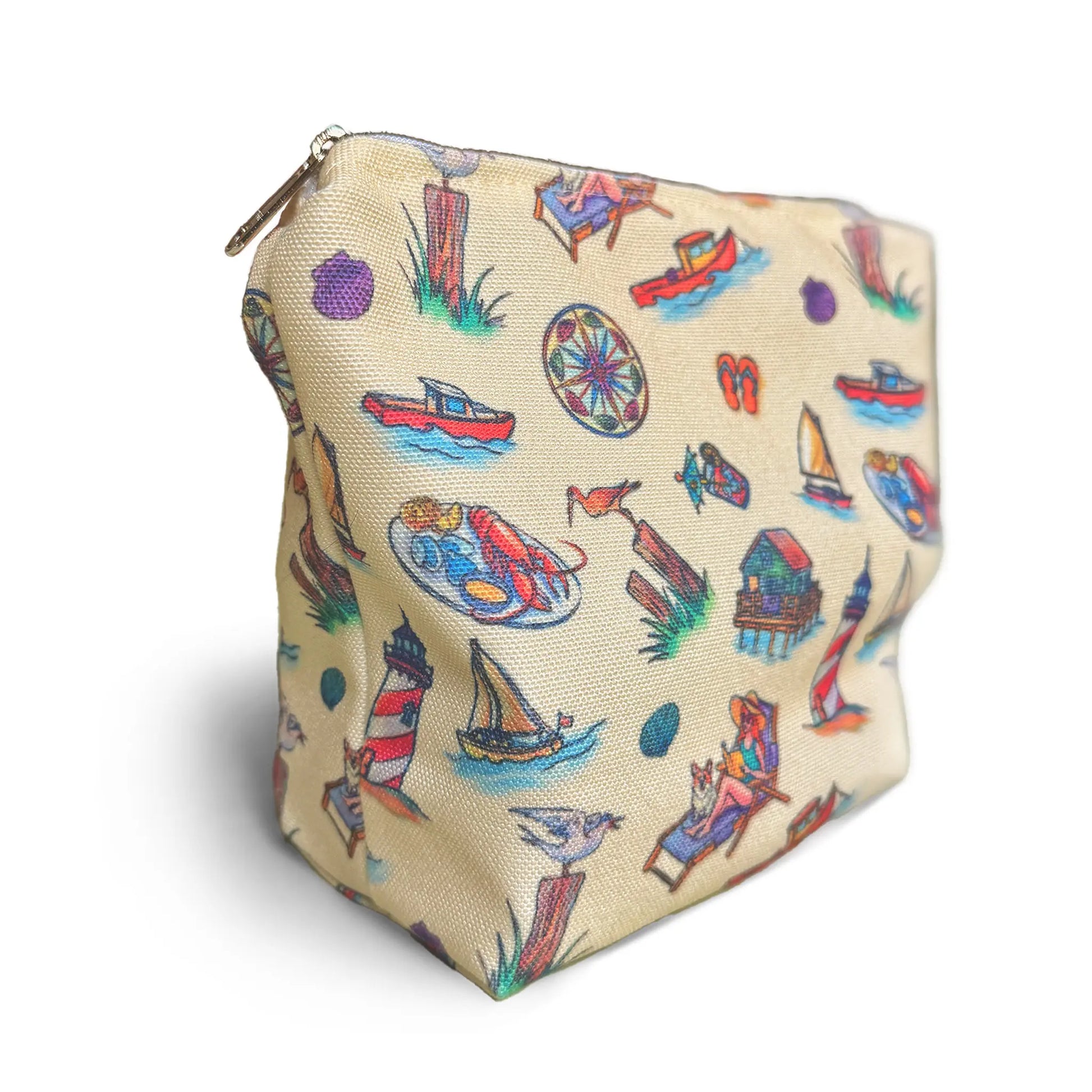 Canvas pouch with colorful illustrations on a white background