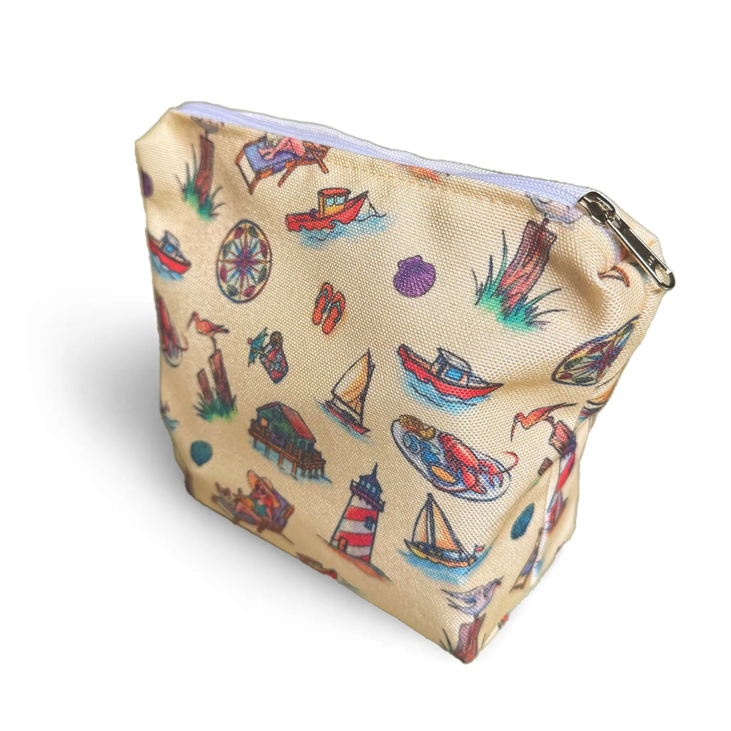 Beige pouch with colorful nautical pattern on a white background