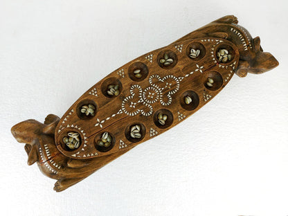 Vintage Wooden Mancala Board Game with Shell Inlay from Lombok Island - Asian Folk Art - Traditional Lizard Wood Carving
