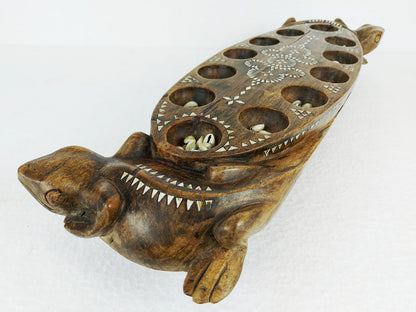 Vintage Wooden Mancala Board Game with Shell Inlay from Lombok Island - Asian Folk Art - Traditional Lizard Wood Carving