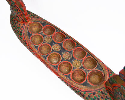 Red Javanese Dragon Vintage Mancala Wooden Board Game Southeast Asian Folk Art Congkak Kalaha Sungka Home Decor Statement Piece