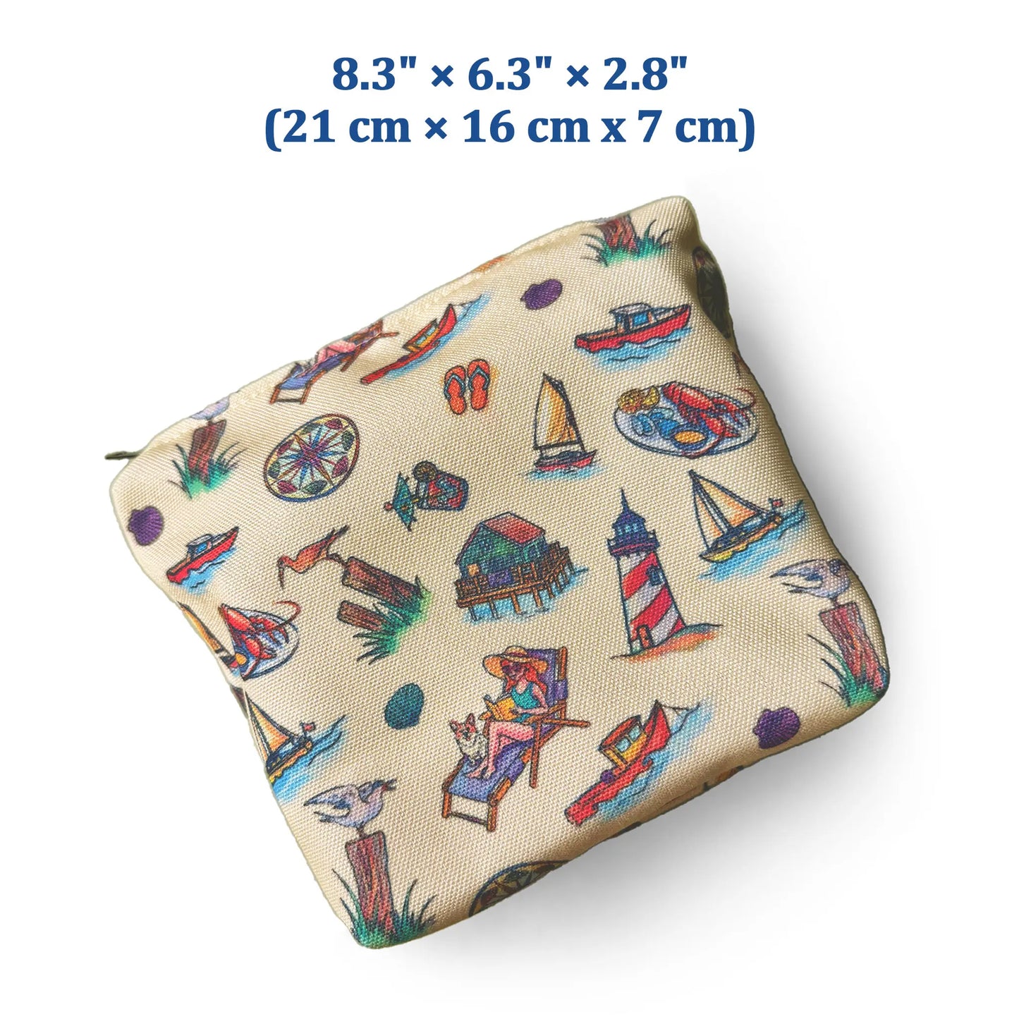 Small pouch with beach-themed design on a white background