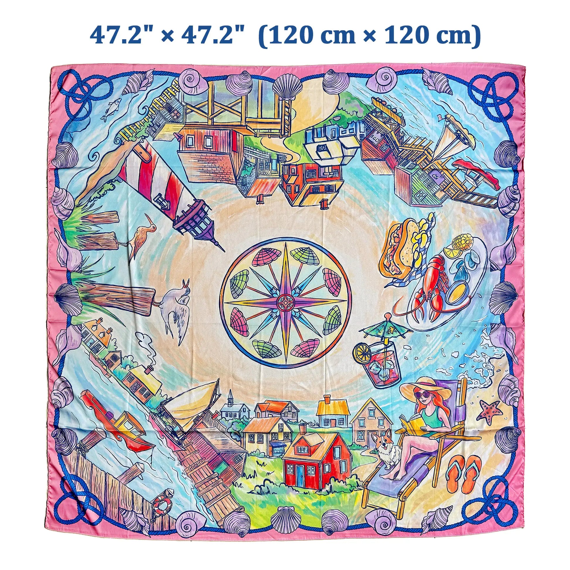 Colorful square scarf with a coastal scene, size 47.2" x 47.2".