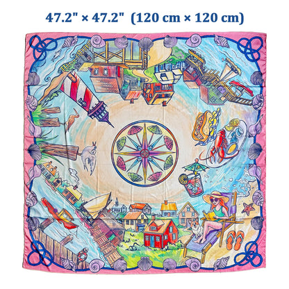 Colorful square scarf with a coastal scene, size 47.2" x 47.2".