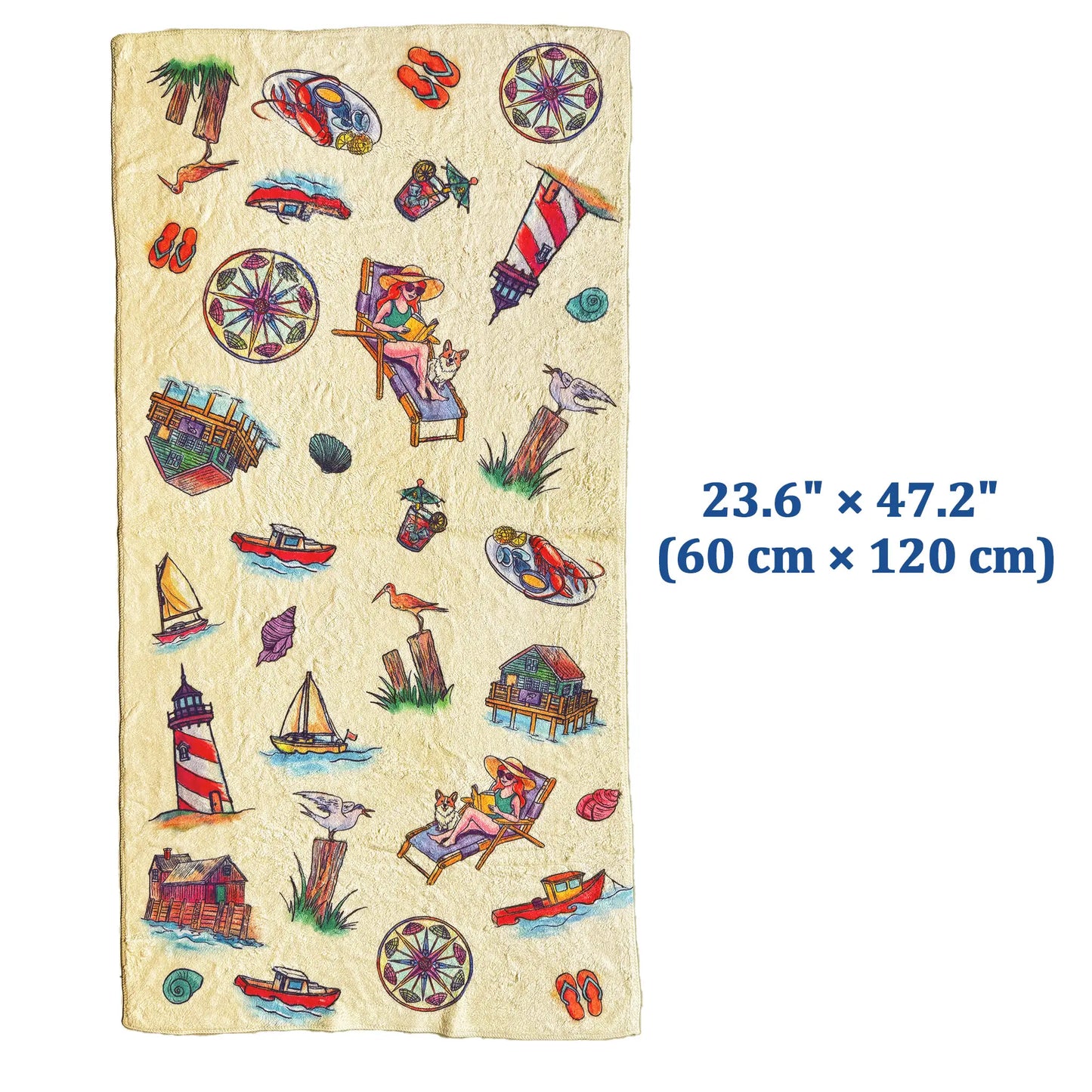 Beach towel with beach-themed illustrations on a white background