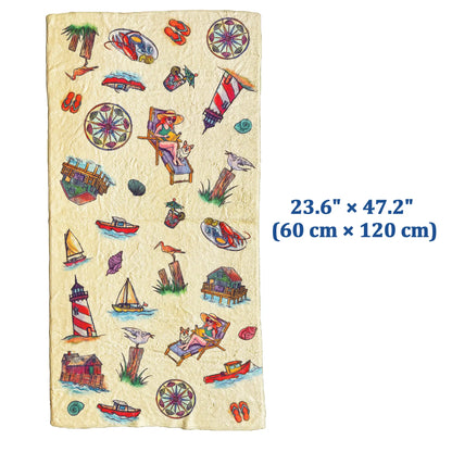 Beach towel with beach-themed illustrations on a white background