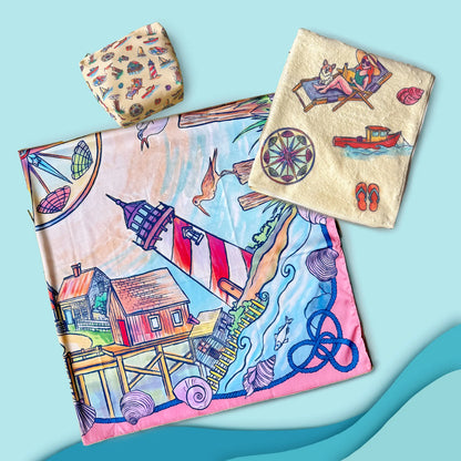 Colorful fabric with coastal design on a blue background