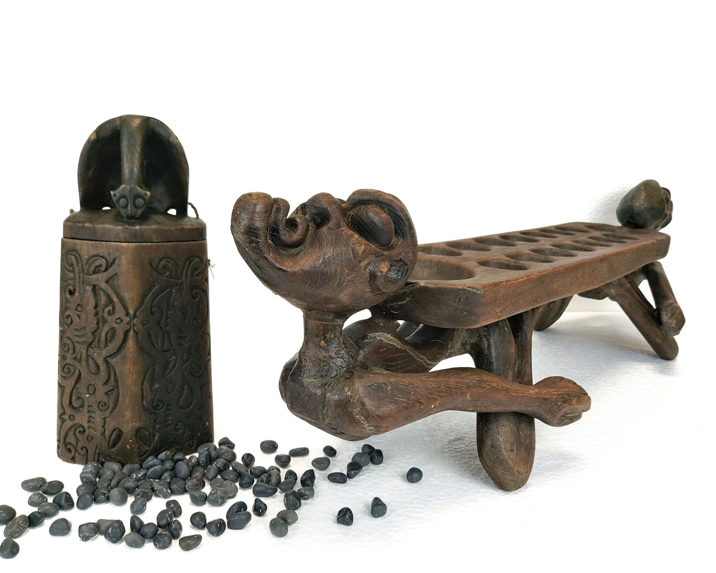 Vintage Asmat Tribe Mancala Board Game – Wood Carving – Primitive Decor – Asian Folk Art – Artisan Made Home Decor
