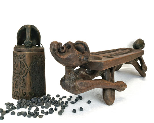 Vintage Asmat Tribe Mancala Board Game – Wood Carving – Primitive Decor – Asian Folk Art – Artisan Made Home Decor