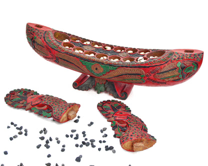 Vintage Javanese Red Peacock Mancala Board Game Congkak Kalaha Sungka Home Decor Statement Piece Southeast Asian Folk Art