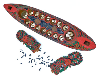 Vintage Javanese Red Peacock Mancala Board Game Congkak Kalaha Sungka Home Decor Statement Piece Southeast Asian Folk Art