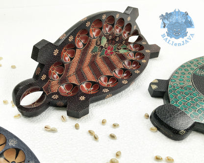 Large 7 Holes Turtle Tortoise Wooden Mancala Board Game – Foldable Design with Handmade Batik Pattern – Congkak, Sungka, Oware – Classic Strategy Game for Family Fun & Math Skills – Unique Home Decor & Gift