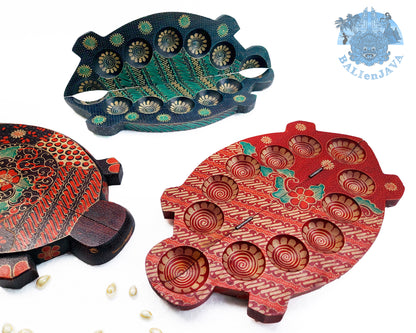Turtle Tortoise Wooden Mancala Board Game – Foldable Design with Handmade Batik Pattern – Classic Strategy Game for Family Fun & Math Skills – Congkak, Sungka, Oware – Unique Decor & Gift