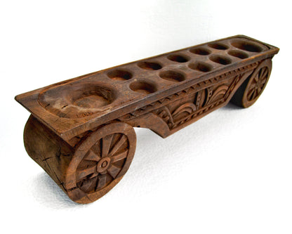 Vintage Wagon Cart Wheel Mancala Wooden Board Game Javanese Jepara Wood Carving Strategy Game Home Decor Statement Piece