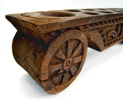 Vintage Wagon Cart Wheel Mancala Wooden Board Game Javanese Jepara Wood Carving Strategy Game Home Decor Statement Piece