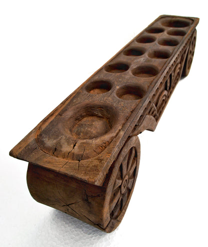 Vintage Wagon Cart Wheel Mancala Wooden Board Game Javanese Jepara Wood Carving Strategy Game Home Decor Statement Piece