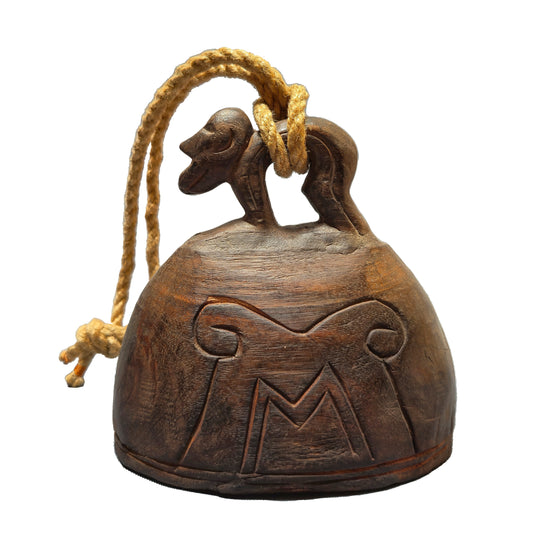 Vintage Wooden Bell with Monkey Figure – Asian Folk Art – Wall Hanging – Rustic Home Decor – Unique Gift Idea