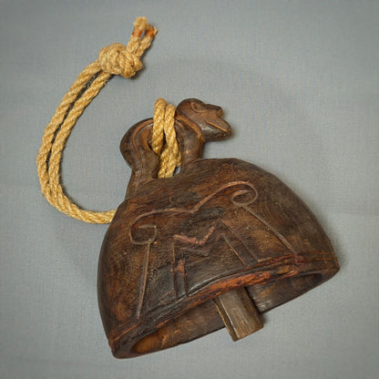 Vintage Wooden Bell with Monkey Figure – Asian Folk Art – Wall Hanging – Rustic Home Decor – Unique Gift Idea